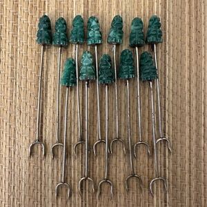 Vintage Green Stone Jade Tiki Head Hors D'oeuvres Cocktail Picks Forks Set of 12
